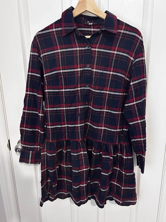 Uniqlo Dresses & Skirts - Uniqlo Tartan Plaid Flannel Button Up Drop Waist Dress With Pleated Skirt XS